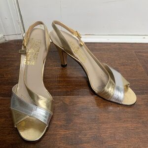 Salvatore Ferragamo Gold and Silver Heels with Slingback Design